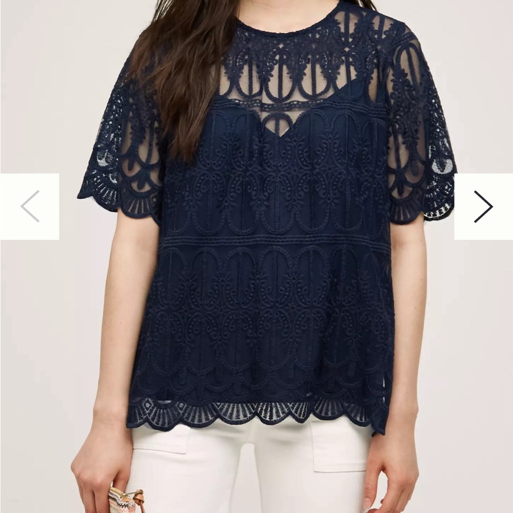 Anthropologie En Ella Marka Navy Blue Lace Blouse Top with Liner size 10
